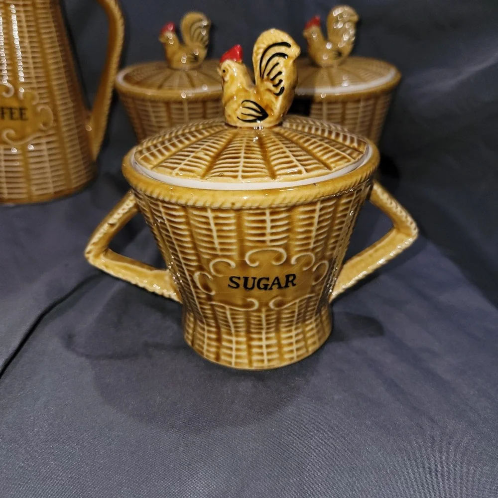 13-Piece Vintage Basketweave Rooster Breakfast Set Japan MCM Ceramic